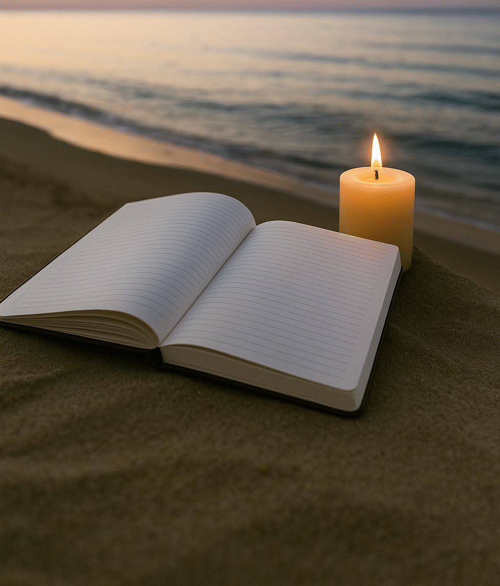 Spiaggia tranquilla al tramonto con candela accesa e quaderno aperto, simbolo di calma, serenità e superamento dell’ansia quotidiana.